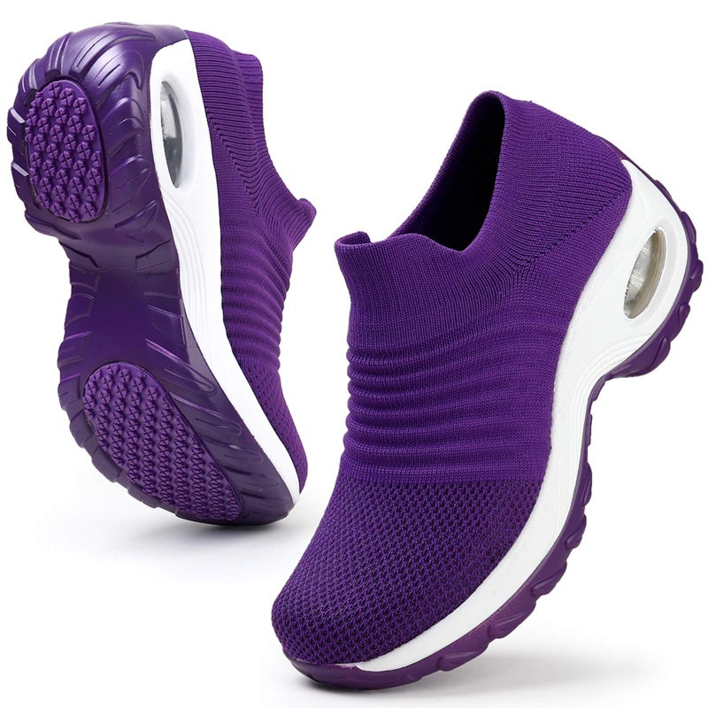 HKR Womens Walking Shoes Lightweight Platform Slip On Sneakers Comfortable Knit Mesh Working Shopping Shoes All Purple US 6.5(ZJW1839chunzise37) - Image 1
